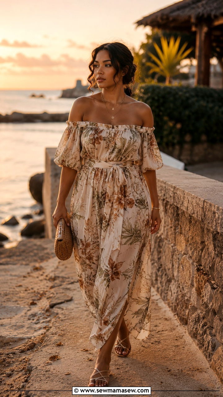 Off shoulder maxi dress with waist tie - 25 outfit ideas for women with wide hips