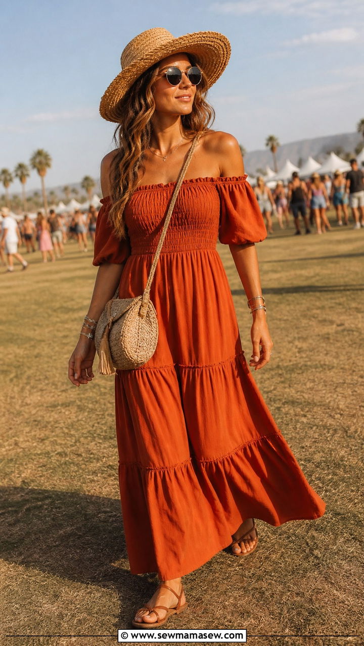 Off shoulder maxi dress with woven straw bag - 40 festival outfits ideas