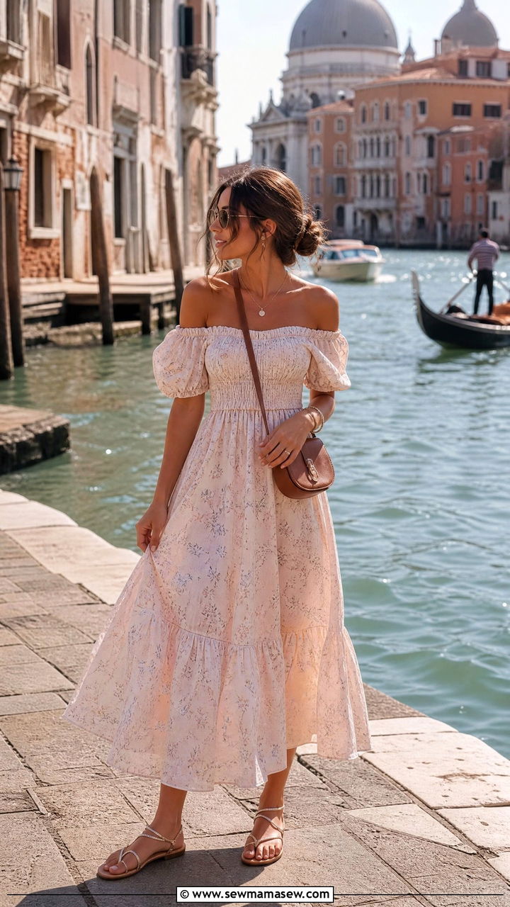 Off shoulder midi dress and flat sandals Italy - 25 Italy outfits inspo