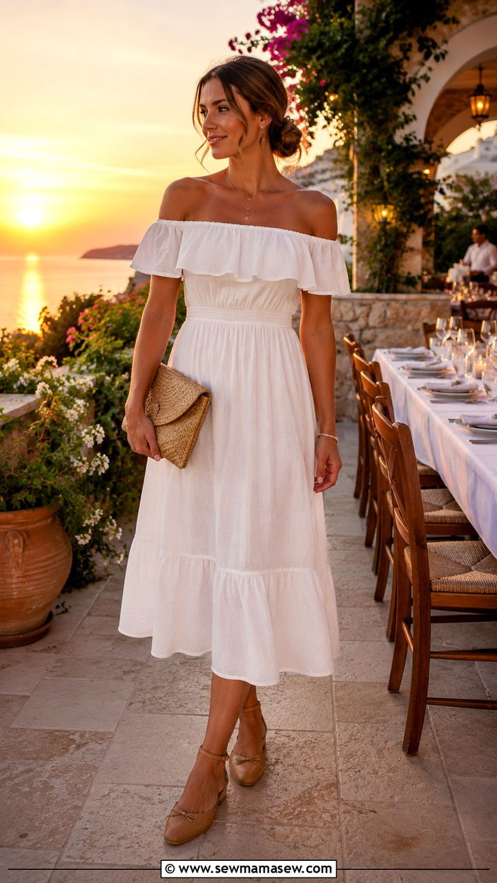 Off shoulder midi dress with ballet flats - 25 Midi dress with ballet flats outfit ideas