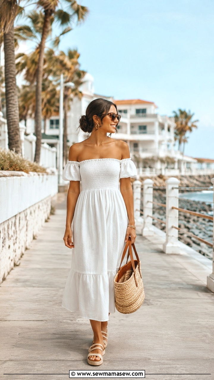 Off shoulder midi dress with espadrilles - 25 Outfit ideas for narrow shoulders