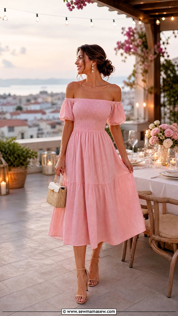 Off shoulder midi dress with heeled sandals - 40 Summer outfits with dresses