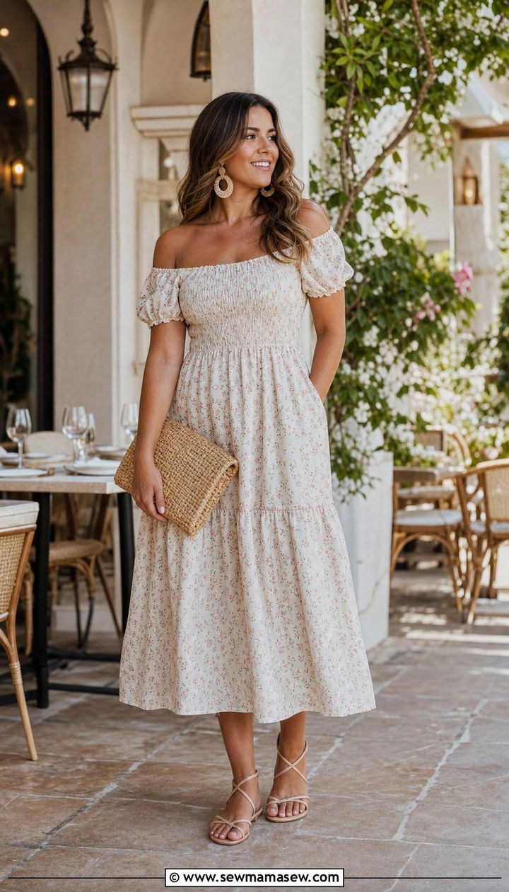 Off shoulder midi dress with strappy sandals - 35 Brunch outfits for midsize women