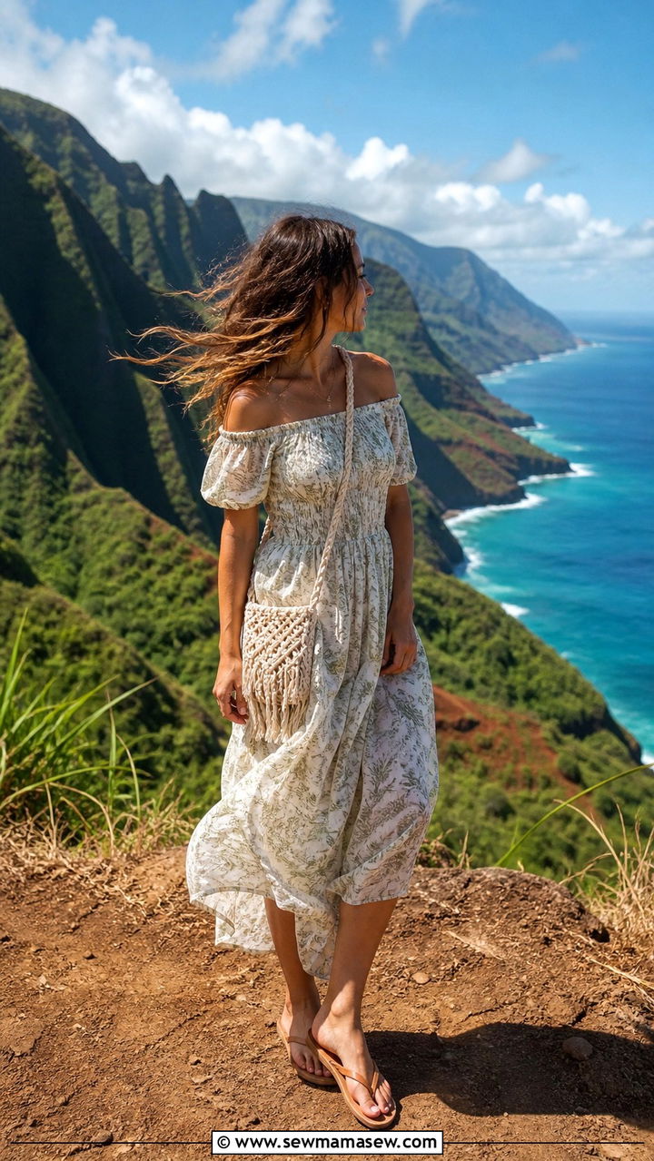 Off shoulder midi dress with thong sandals - 40 What to wear in Kauai