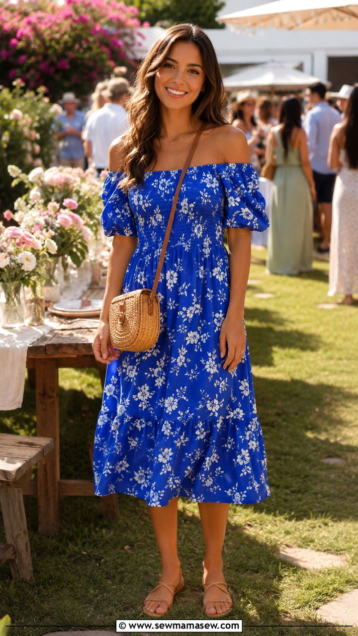 Off shoulder midi dress with woven bag - 30 Heat wave outfit ideas