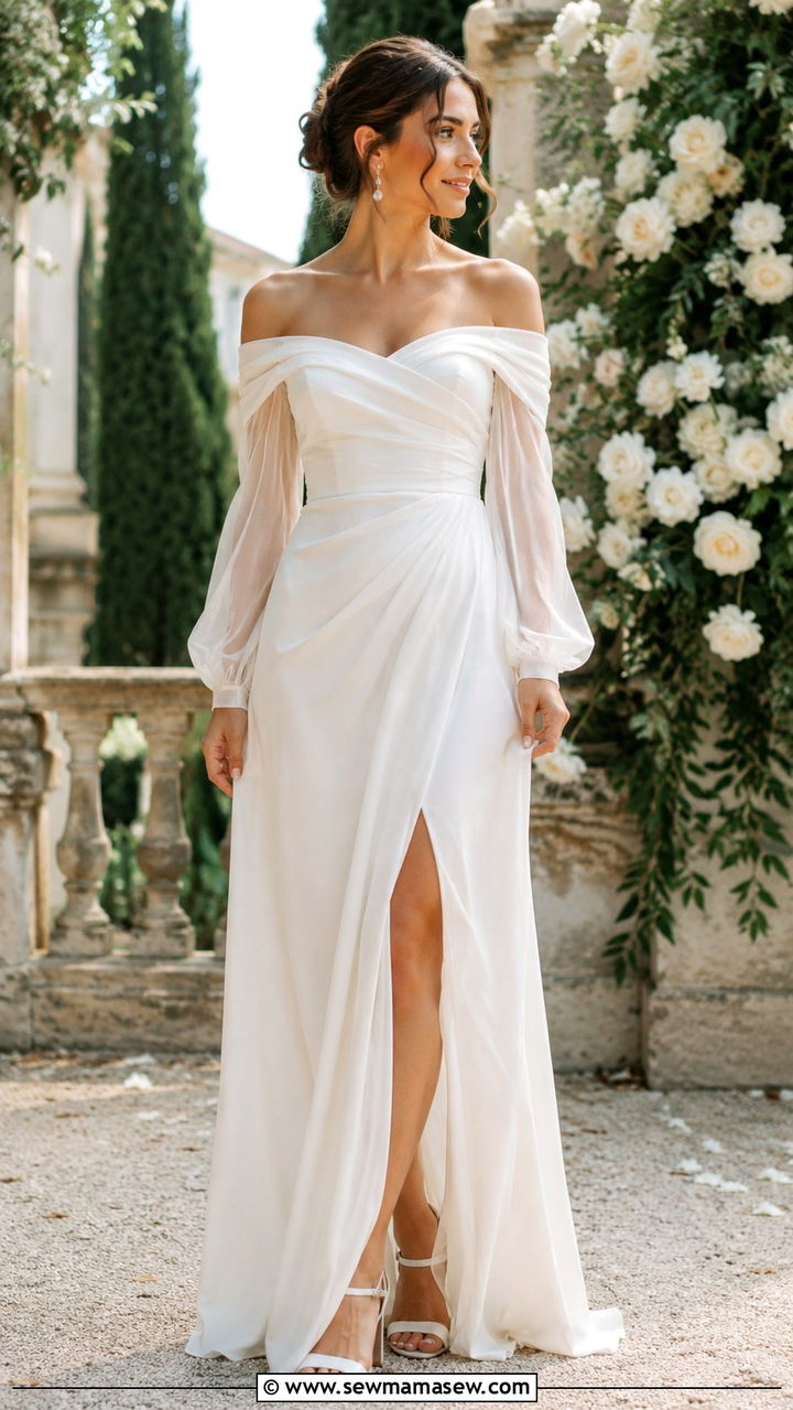 Off shoulder modest wedding dress with long sleeves - 20 Modest outfit ideas for bride