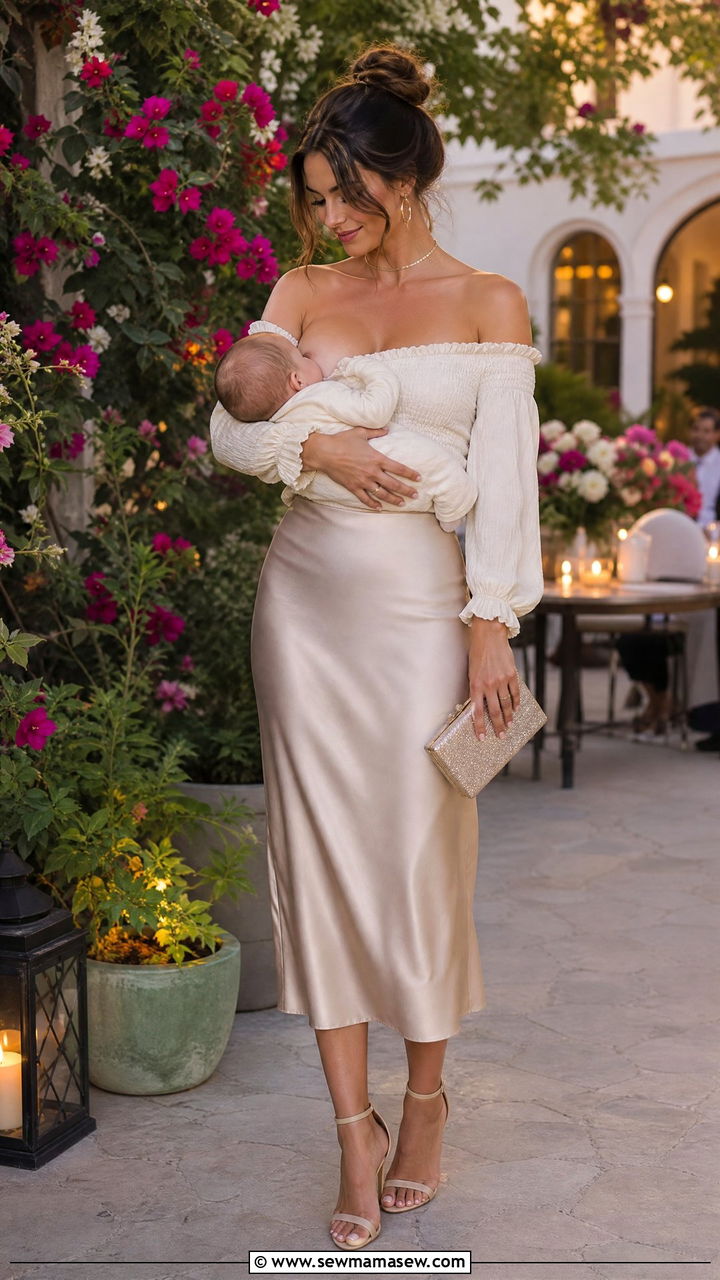 Off shoulder nursing top and midi skirt outfit - 25 Breastfeeding outfit ideas