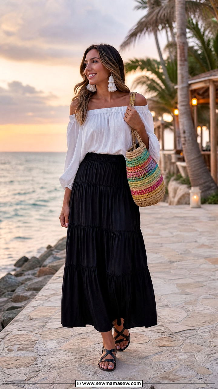 Off shoulder peasant top and maxi skirt resort look - 30 modest resort vacation outfit ideas