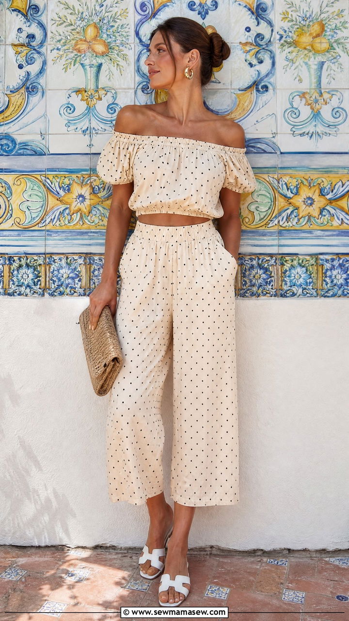 Off shoulder polka dot capri co ord set with white flat sandals - 25 Capri vacation outfit ideas