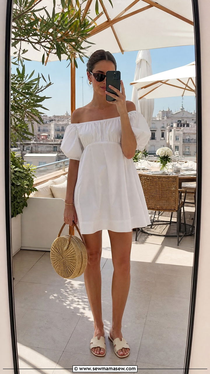 Off shoulder poplin dress and flat mules outfit - 30 Summer weekend getaway outfits