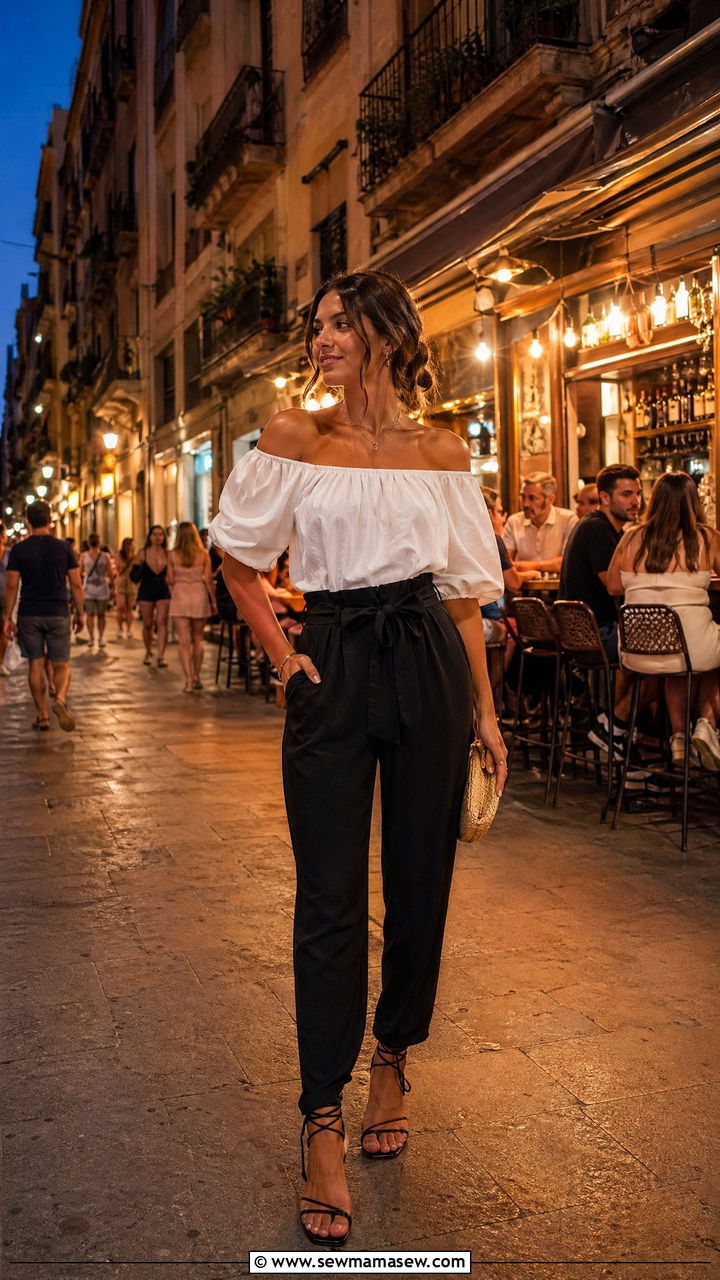 Off shoulder puff sleeve blouse with paperbag waist trousers Barcelona evening outfit - 35 Europe travel outfits for women