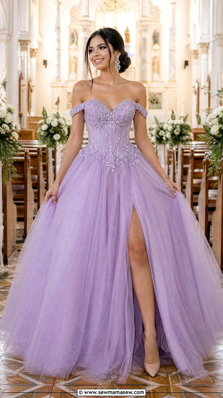 Off shoulder quinceanera gown with chandelier earrings - 25 Quinceanera outfit ideas