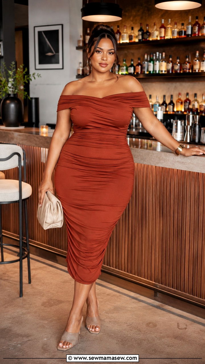 Off shoulder ruched bodycon midi dress - 30 Party outfits for midsize women