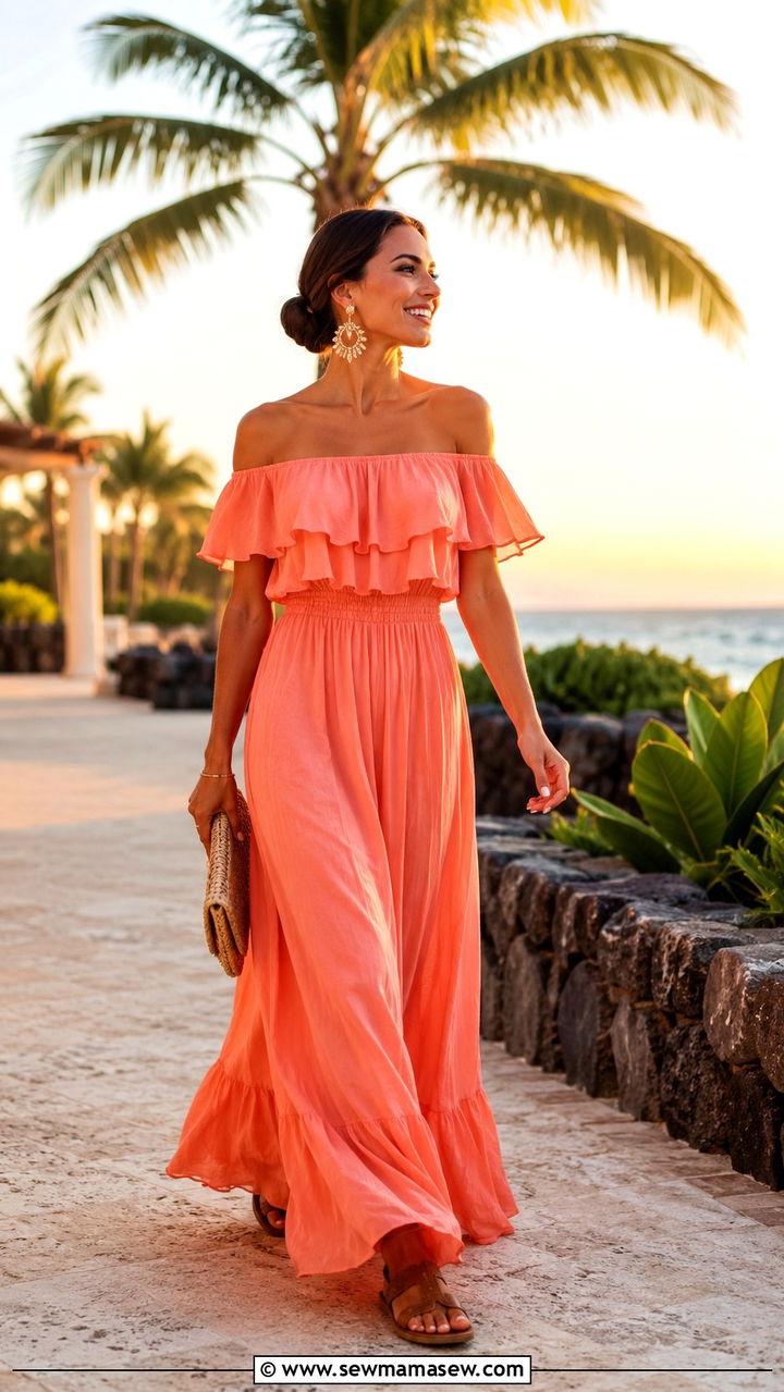 Off shoulder ruffle maxi dress with statement earrings and flat sandals - 30 Romantic summer outfit ideas