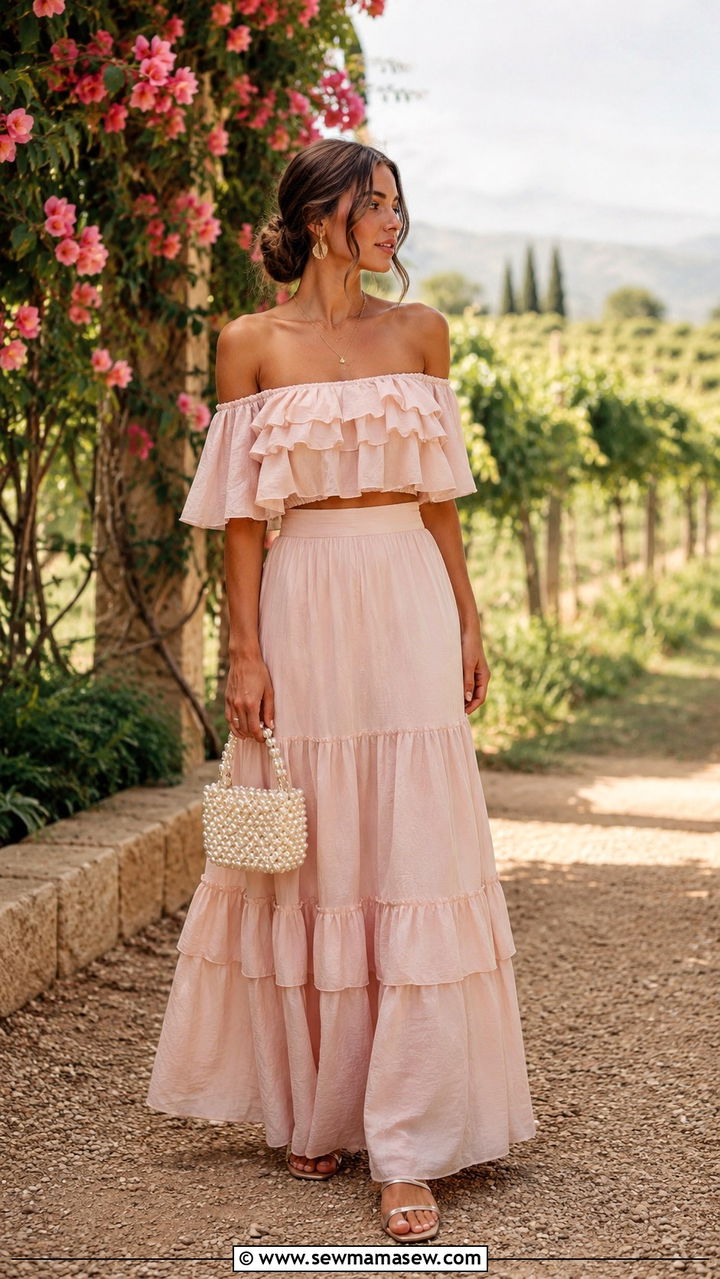 Off shoulder ruffle top and tiered maxi skirt romantic set - 30 Top and skirt matching set outfit ideas