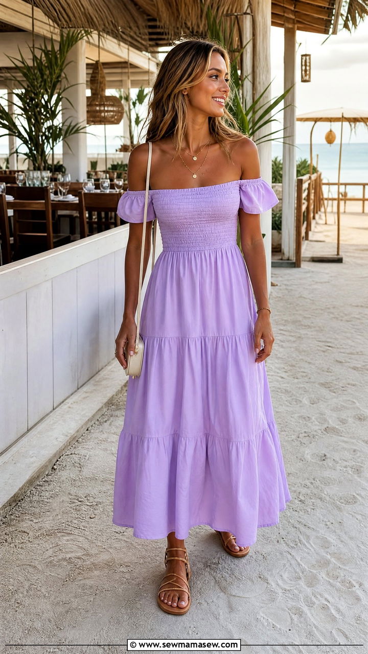 Off shoulder sundress outfit with strappy sandals - 25 March Spring Break outfit ideas
