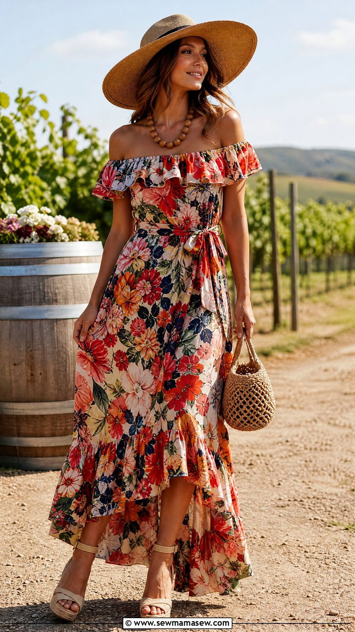 Off shoulder sundress with wedge sandals for Labor Day - 35 Labor Day weekend outfit ideas
