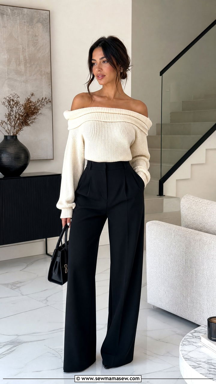 Off shoulder sweater and high waisted trousers outfit for hourglass body - 30 outfit ideas for hourglass body