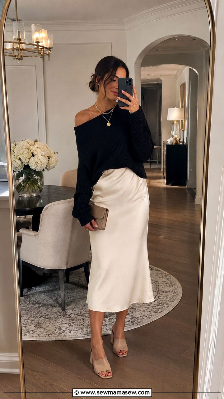 Off shoulder sweater with midi skirt and mules - 30 Midi skirt outfit ideas with a sweater