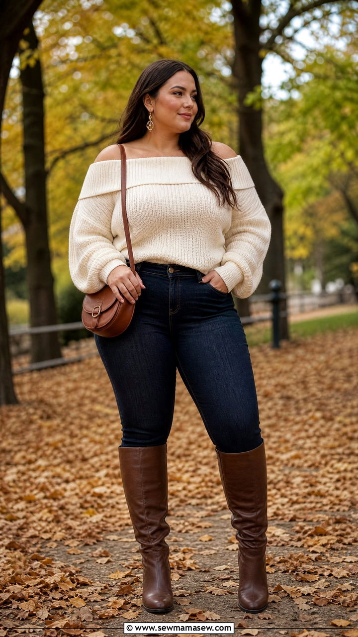 Off shoulder sweater with skinny jeans - 25 Flattering outfits for big arms
