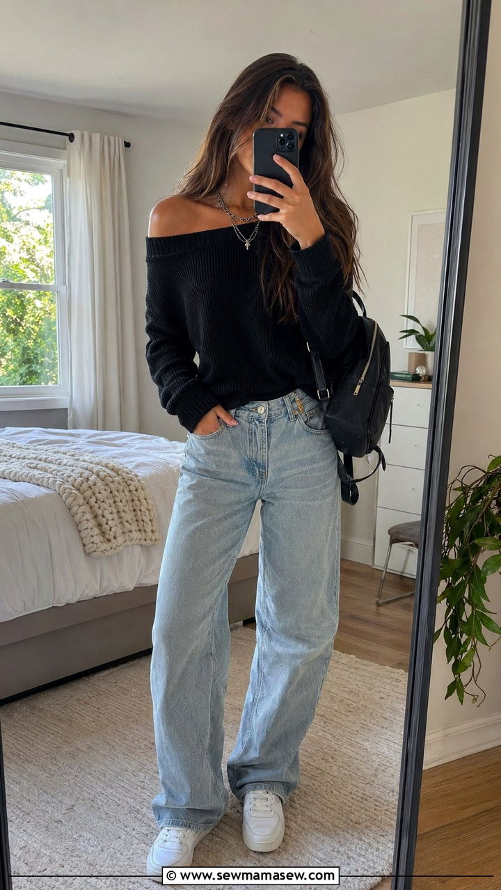 Off shoulder top and baggy jeans outfit school - 35 Back to school outfit ideas 9th grade