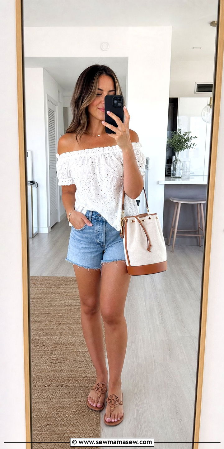 Off shoulder top and cutoff shorts August outfit - 35 August outfits for women