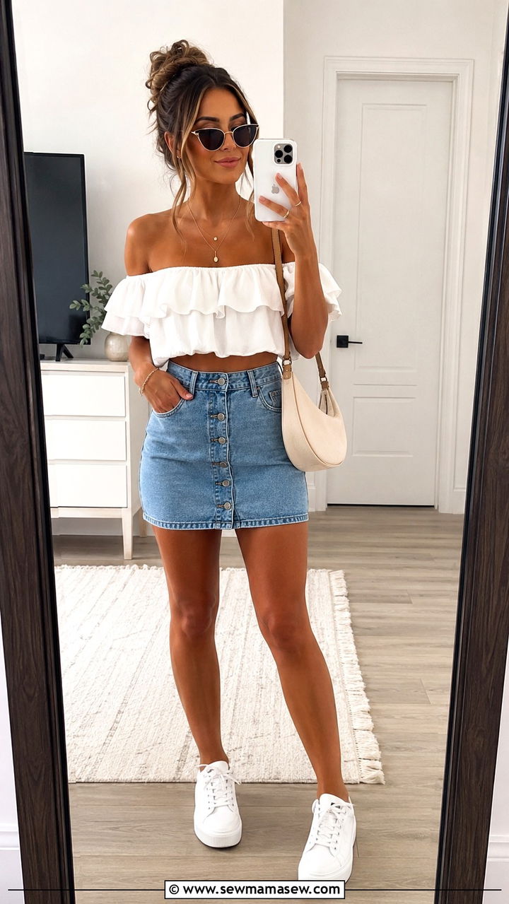 Off shoulder top and denim skirt - 30 cute summer concert outfits