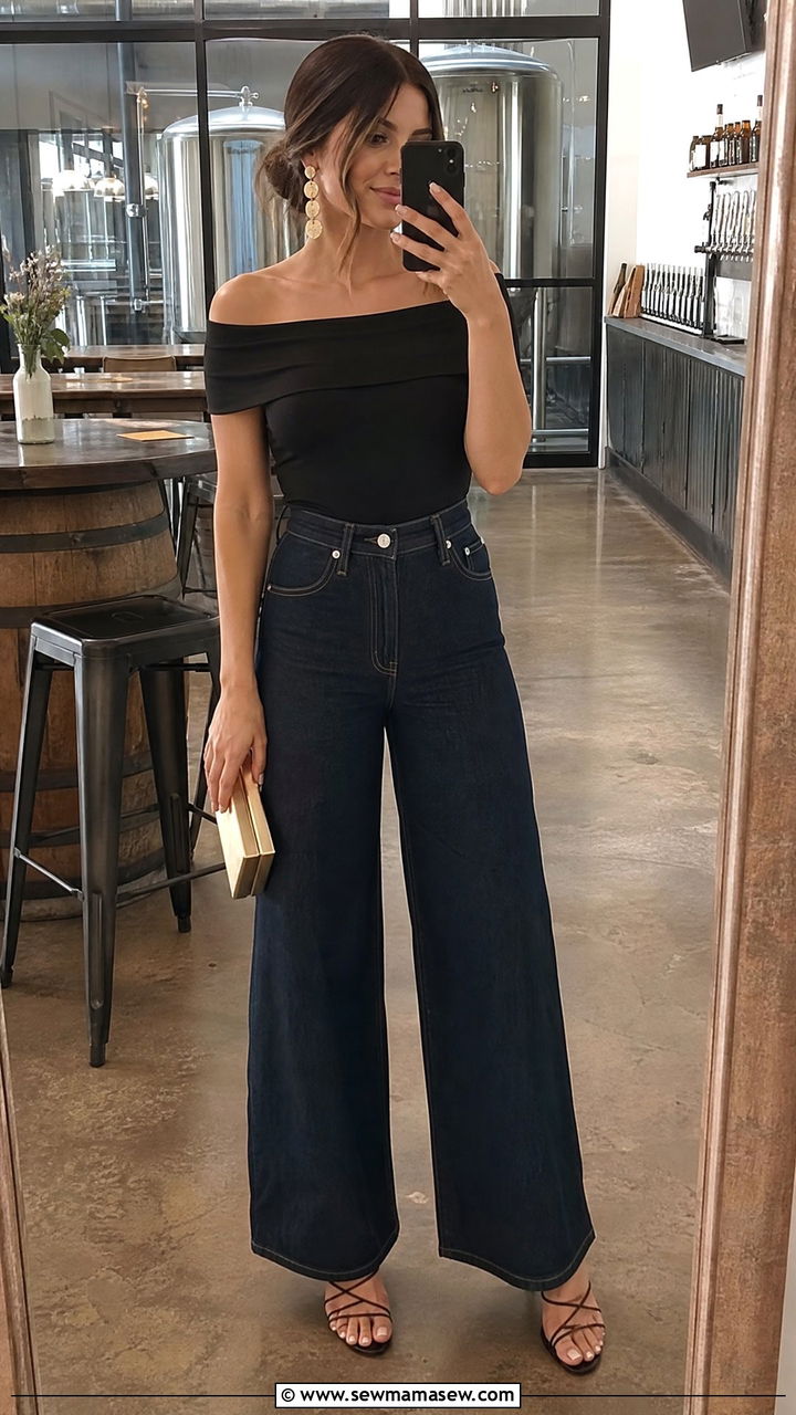 Off shoulder top and high waisted jeans - 25 High school reunion outfit ideas