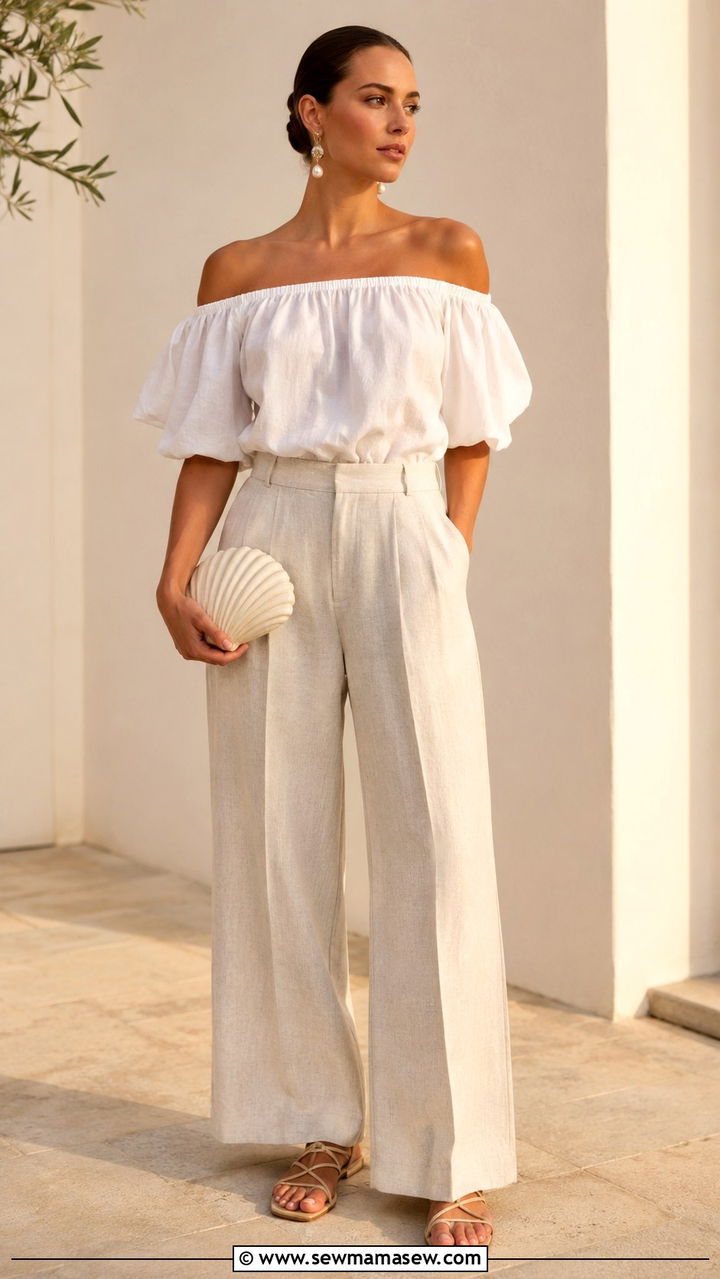 Off shoulder top and linen trousers - 30 June Father's Day outfit ideas