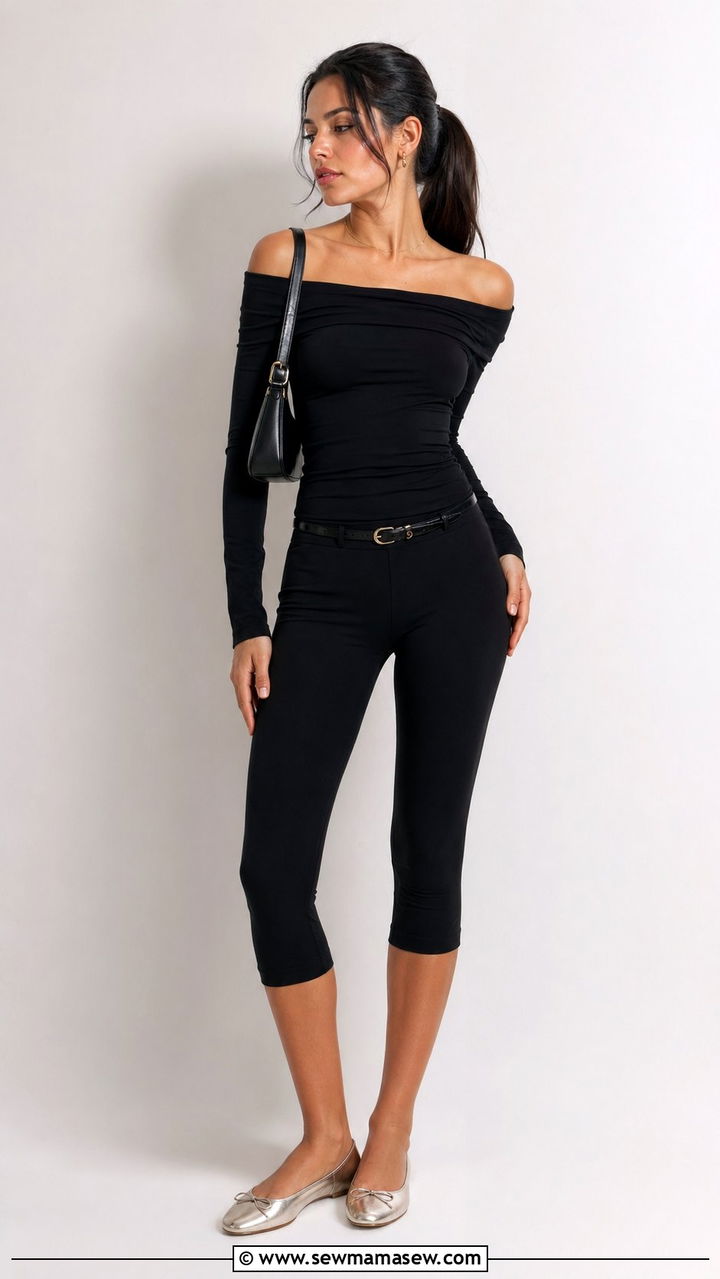 Off shoulder top with capri leggings outfit - 35 2000s outfit ideas