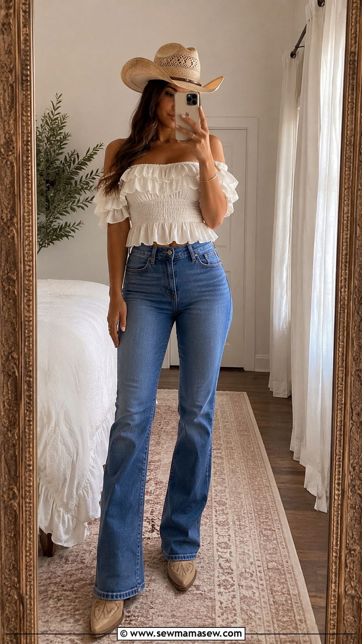 Off shoulder top with cowboy hat - 25 Western outfit ideas with cowboy hat