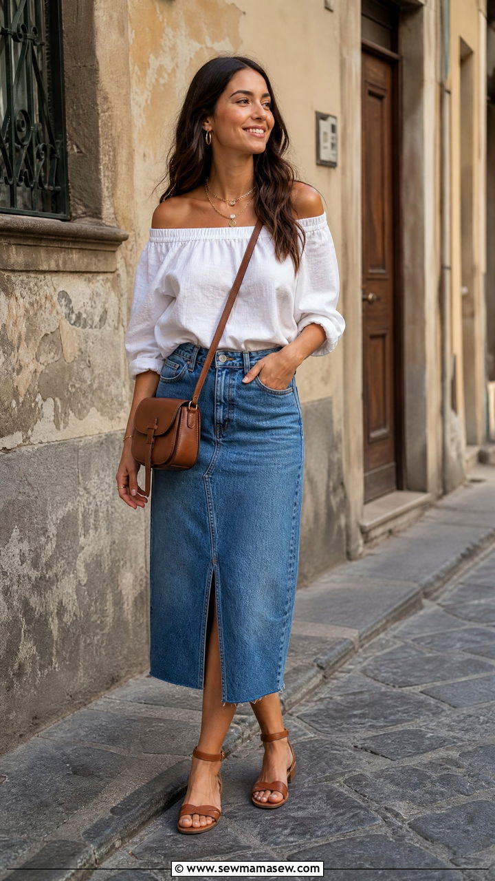 Off shoulder top with denim skirt and flat sandals - 25 casual Italy outfits
