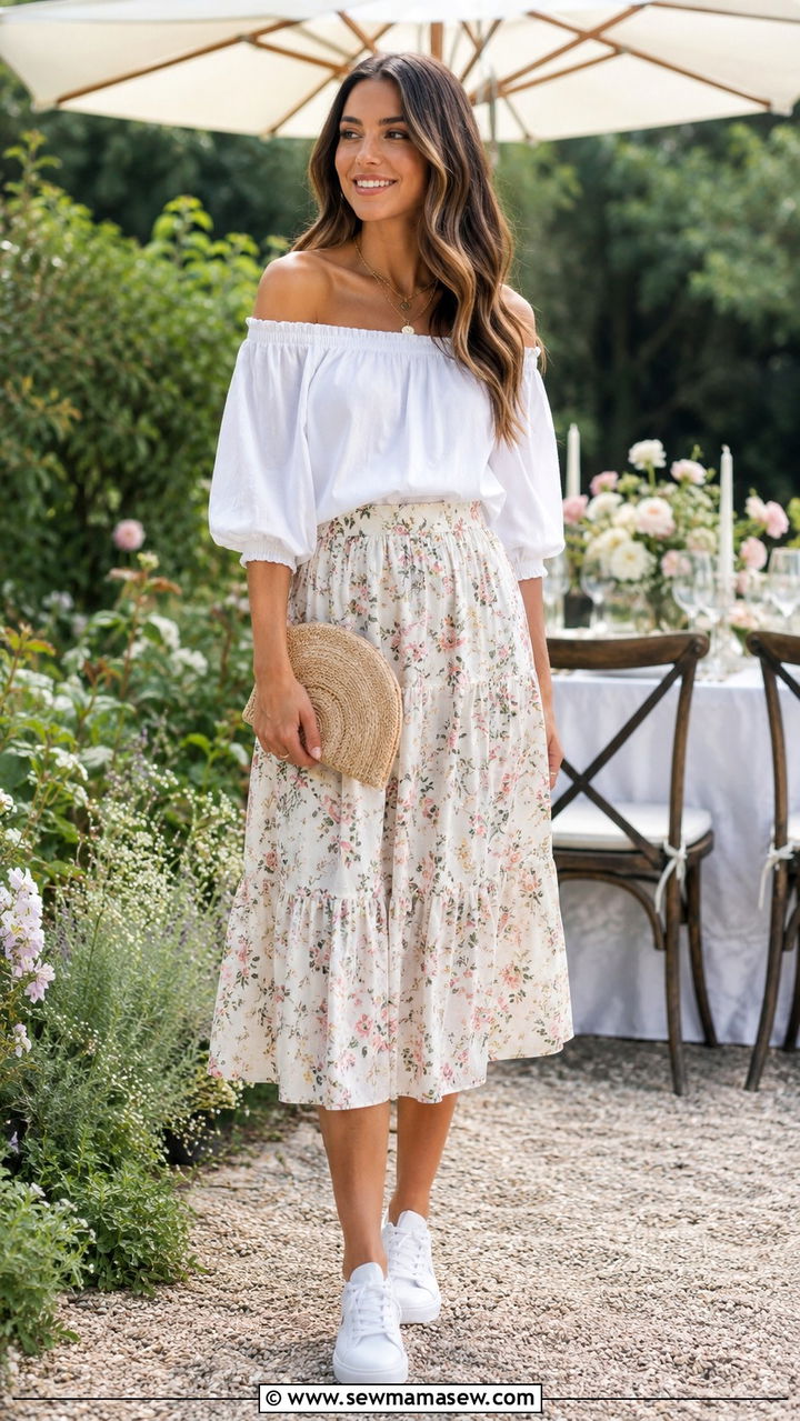 Off shoulder top with floral midi skirt and sneakers - 30 Midi skirt outfit ideas with sneakers