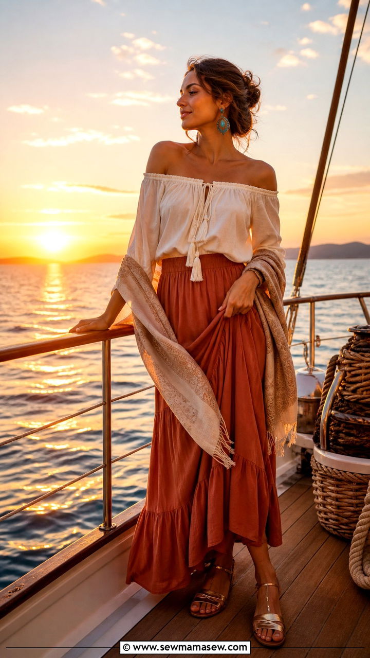 Off shoulder top with maxi skirt for sunset cruise - 40 What to wear in Cabo