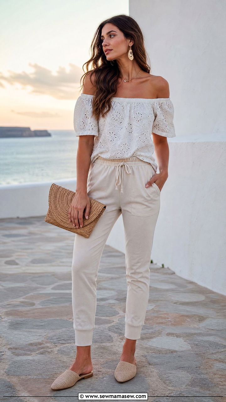 Off shoulder top with slim fit joggers - 30 Summer outfits with joggers
