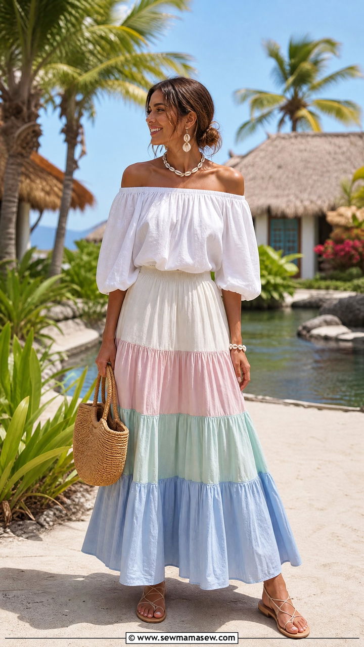 Off shoulder top with tiered maxi skirt - 35 maxi skirt outfits for women