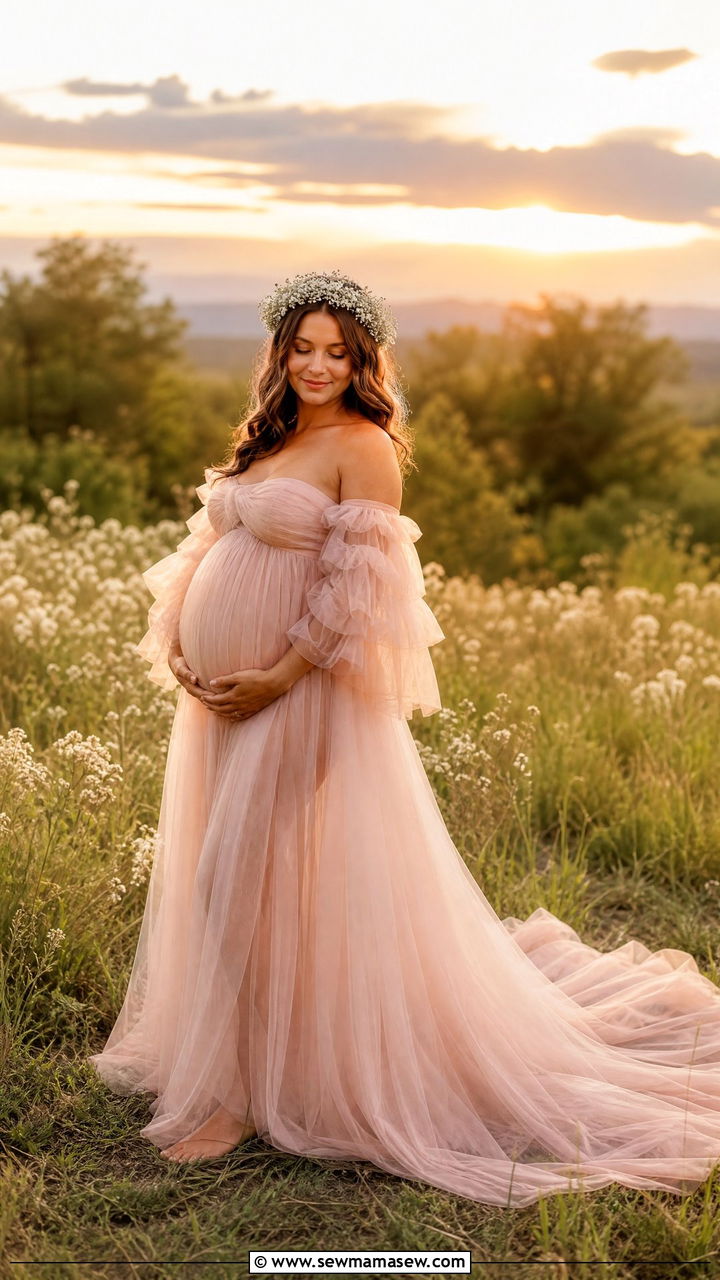 Off shoulder tulle maternity gown with flower crown summer field outfit - 25 Maternity photo outfit ideas summer