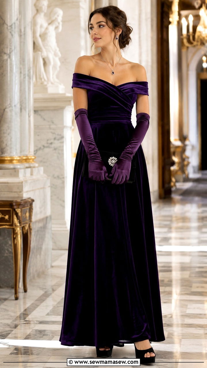 Off shoulder velvet evening gown with gloves - 25 White tie wedding guest outfit ideas