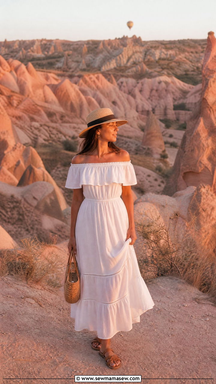 Off shoulder white dress with hat Cappadocia outfit - 25 Cappadocia outfit ideas