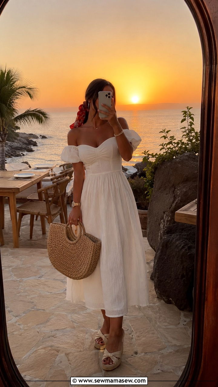 Off shoulder white dress with woven bag - 30 Tropical vacation outfit ideas