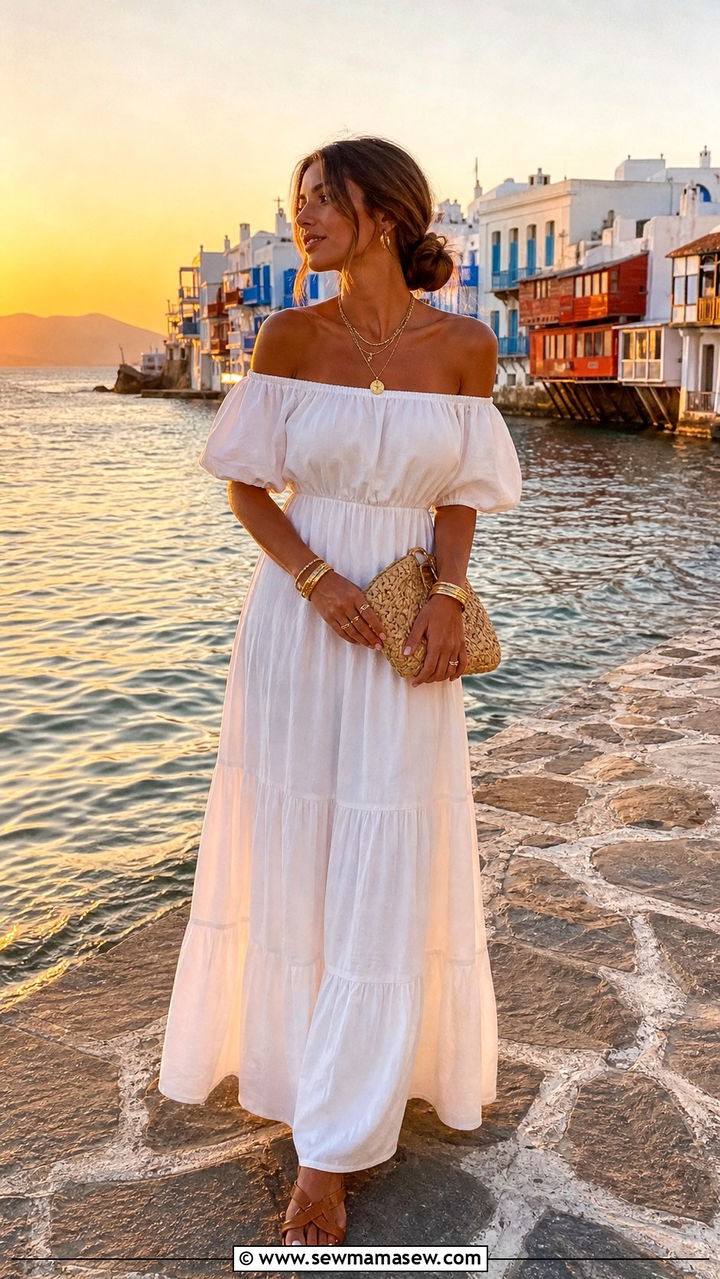 Off shoulder white maxi dress with gold jewelry for Mykonos sunset - 40 What to wear in Mykonos