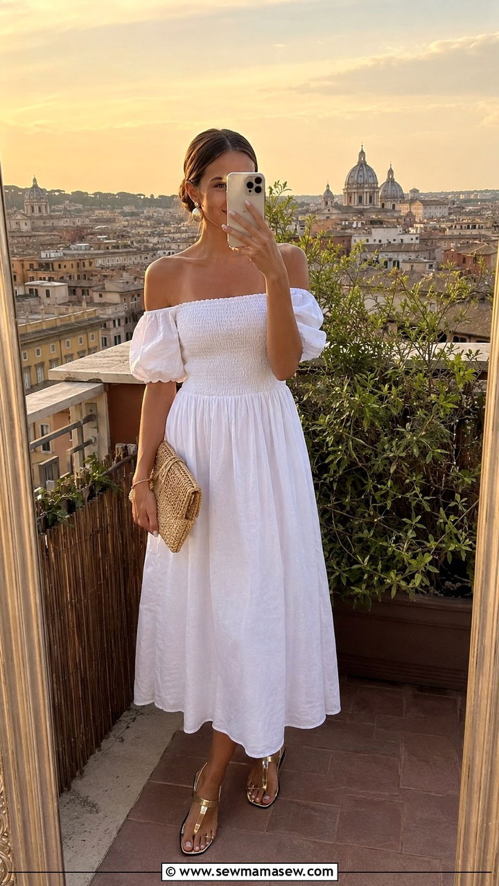 Off shoulder white midi dress Rome outfit - 25 Rome outfit ideas