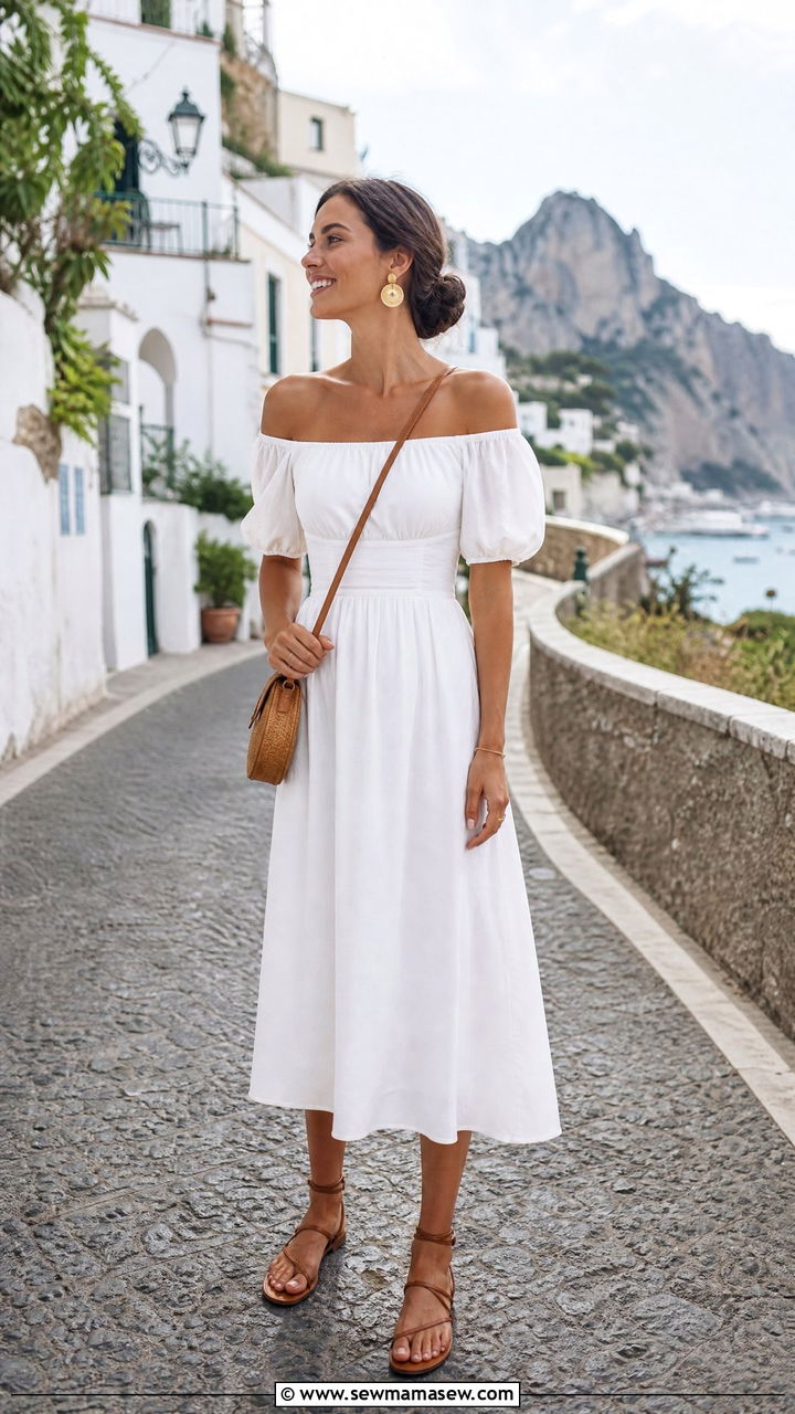 Off shoulder white midi dress with leather strappy sandals - 25 Capri vacation outfit ideas