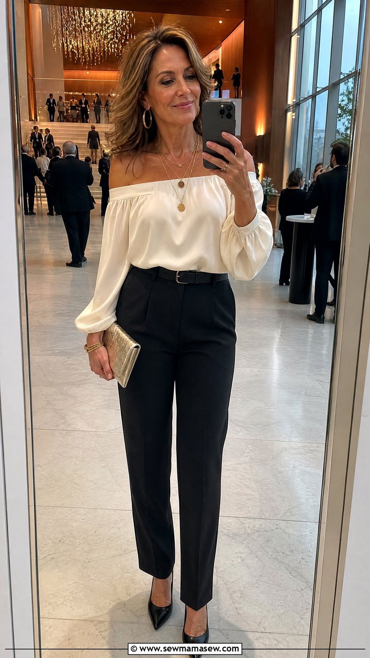 Off the Shoulder Blouse With Tailored Trousers Concert Outfit - 30 Concert outfits for women over 40