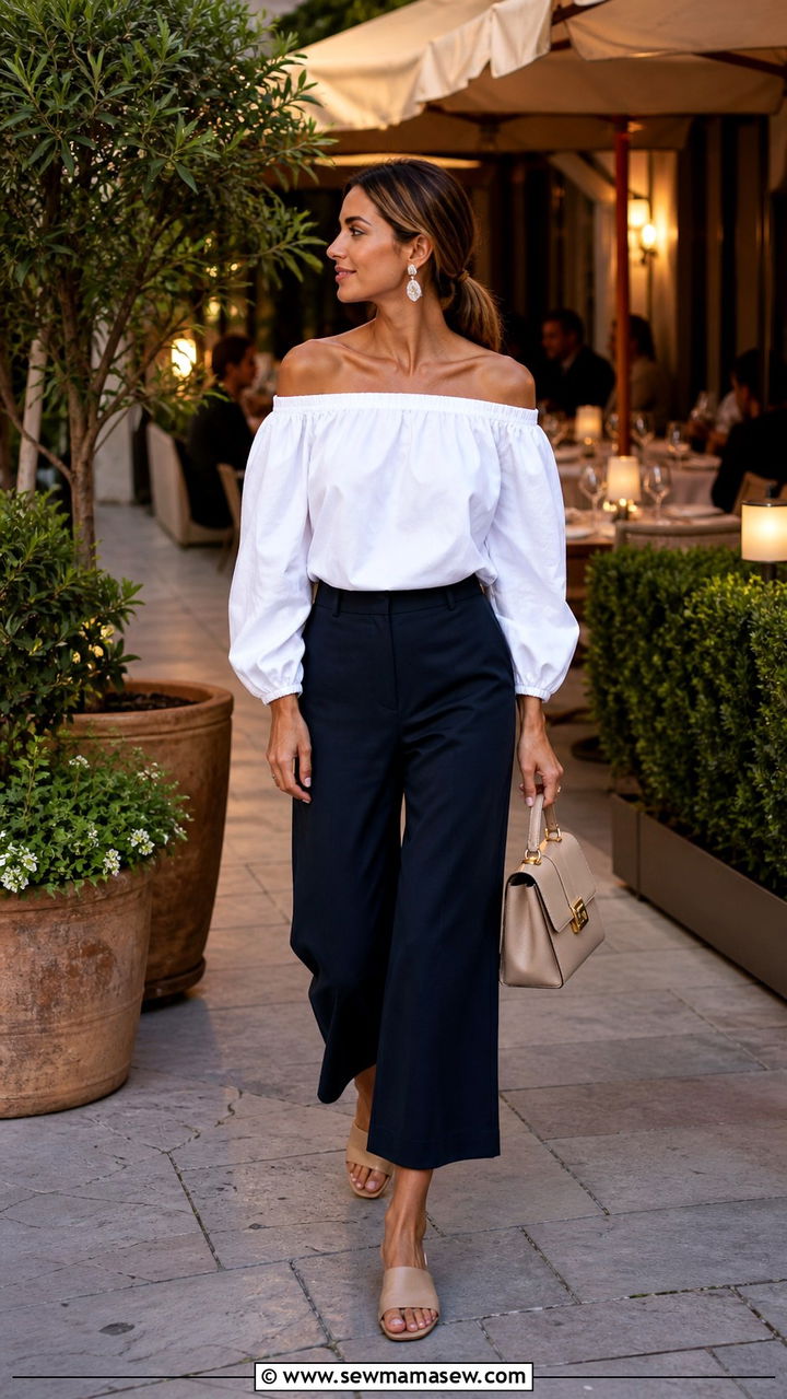 Off the Shoulder Blouse with Cropped Wide Leg Trousers - 40 summer french girl outfits