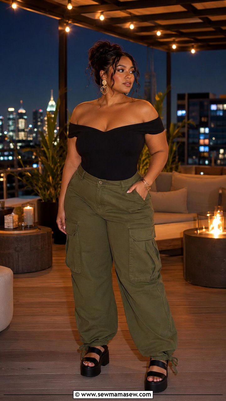 Off the Shoulder Bodysuit With Cargo Pants and Platform Sandals - 30 Plus size outfit ideas with cargo pants