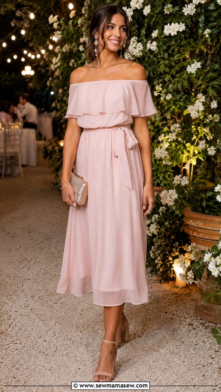 Off the Shoulder Chiffon Midi Dress - 30 spring rehearsal dinner outfit ideas