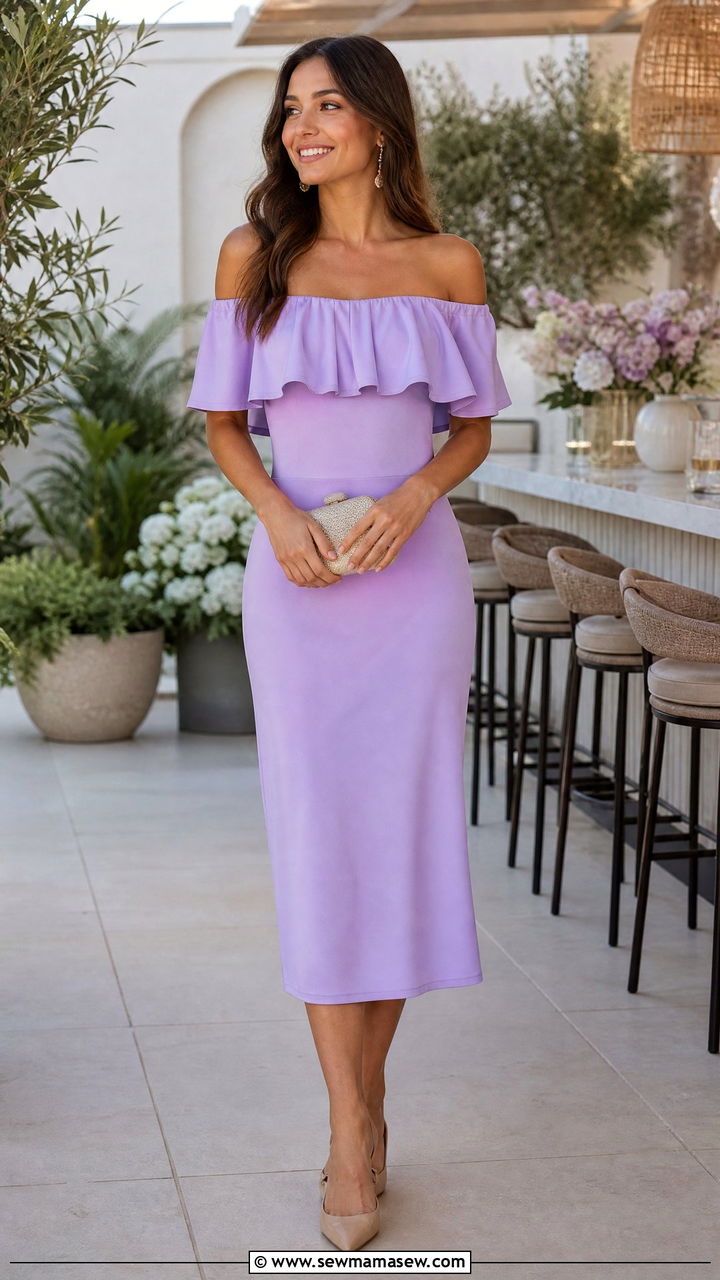 Off the Shoulder Dress and Neutral Slingbacks - 25 bridal shower outfits for women over 40