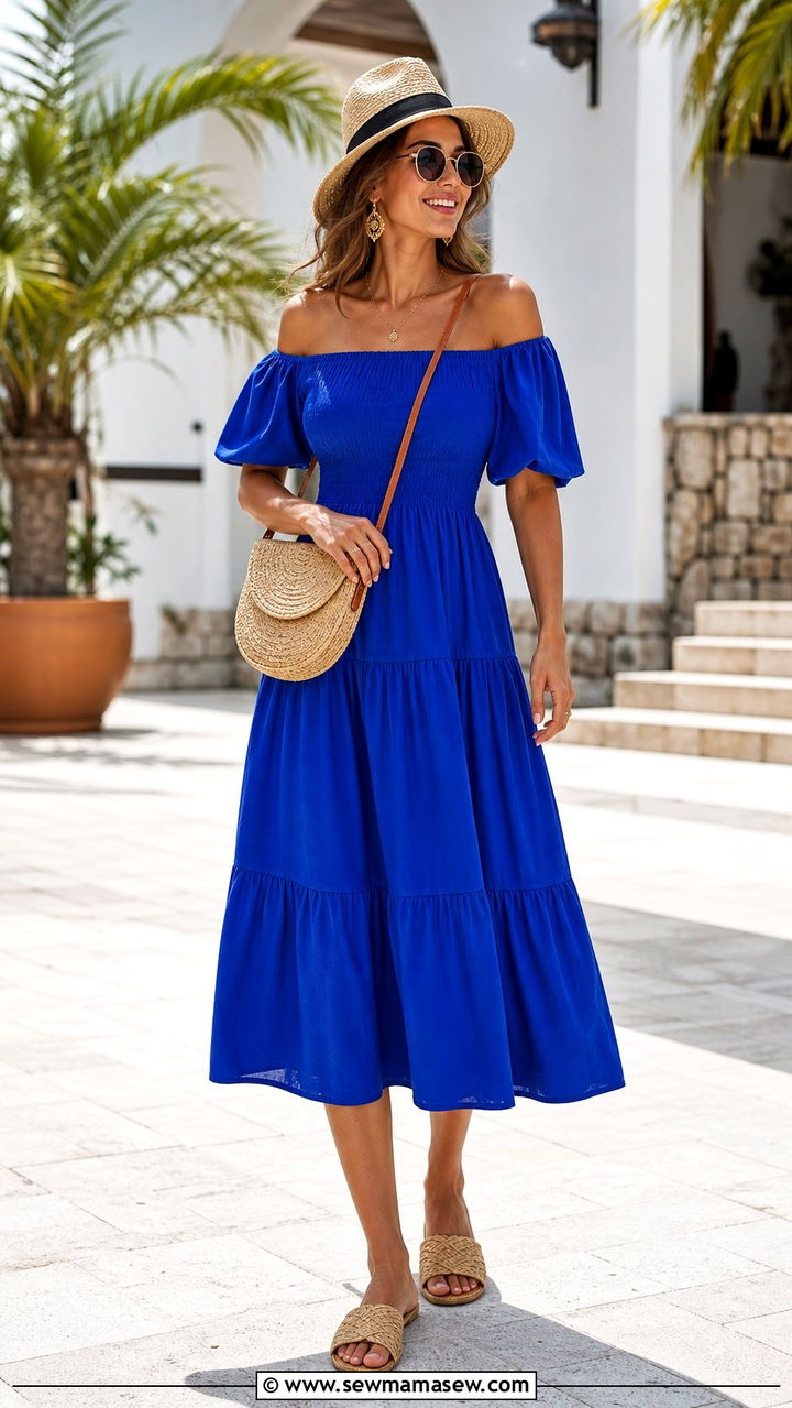 Off the Shoulder Dress and Raffia Accessories - 25 Summer outfits for dry heat