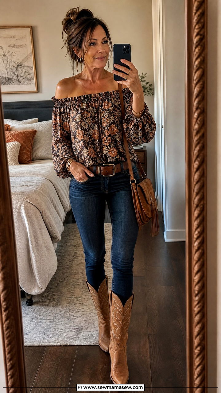 Off the Shoulder Floral Blouse with Skinny Jeans - 30 Country concert outfit ideas for women over 40